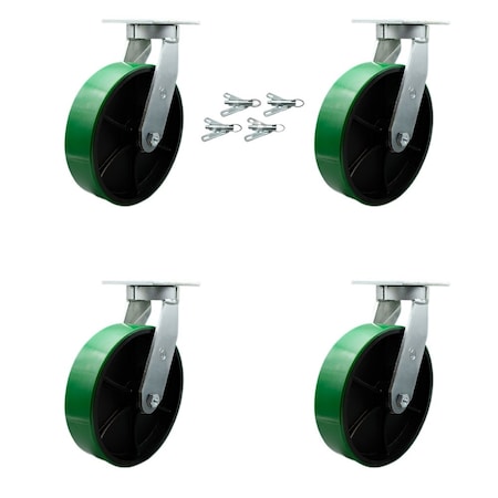 Service Caster 10'' Heavy Duty Green Poly on Cast Iron Caster Set with Swivel Locks , 4PK CRAN-SCC-KP92S1030-PUR-GB-BSL-4